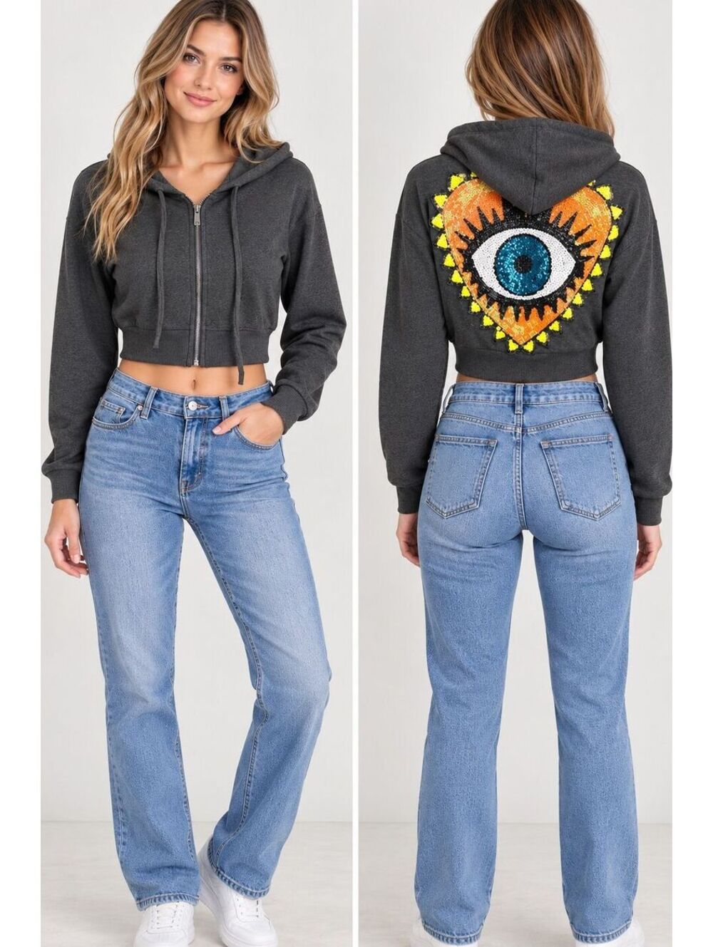 Capella Women's Cropped Zip Hoodie "Custom" Embellished Eye Graphic Back